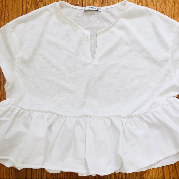 Mango Y2K Boho Oversize White Peplum Ruffle Hem Cropped Short Sleeve Preppy Top - Picture 14 of 16